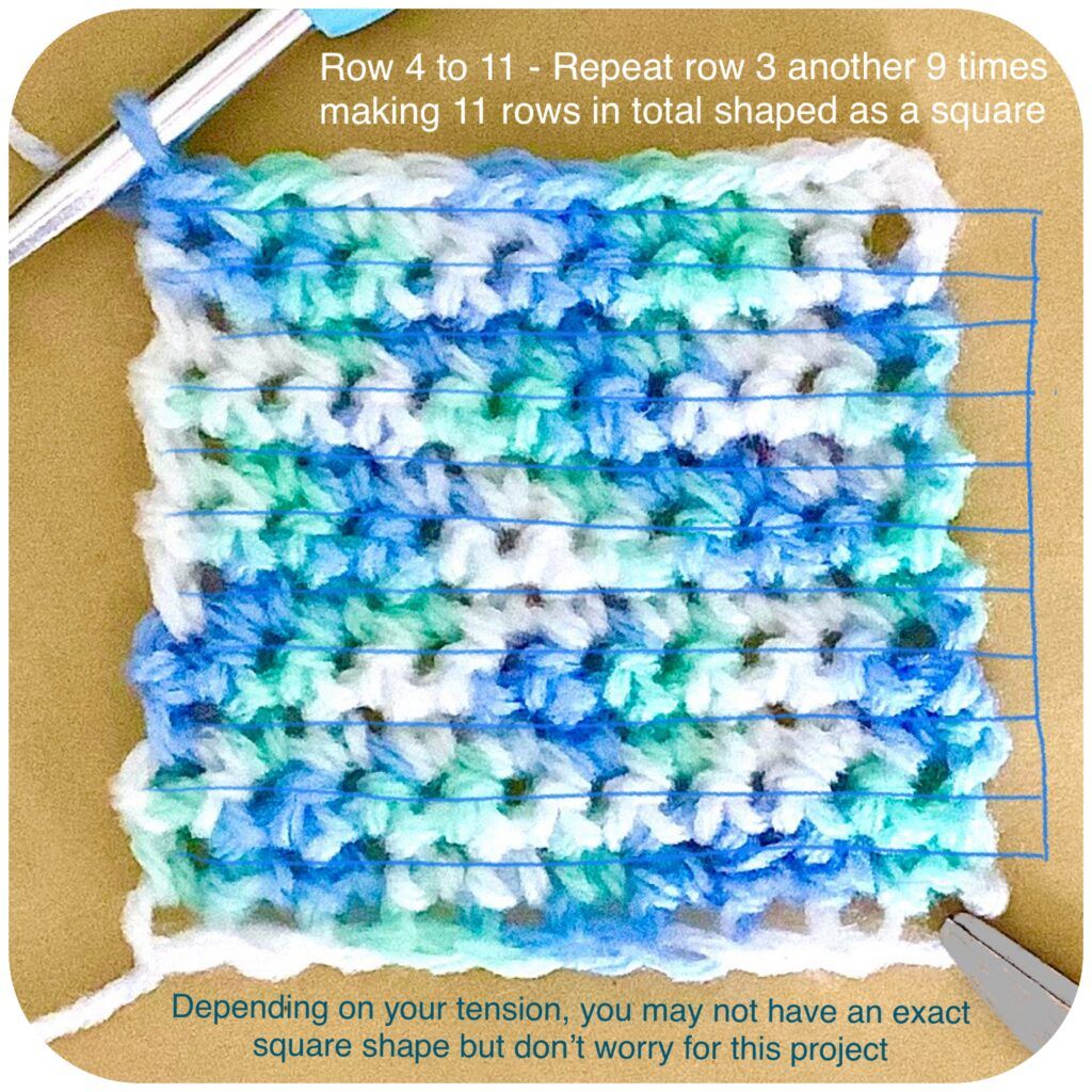Shows crochet piece with 11 copleted rows of sc