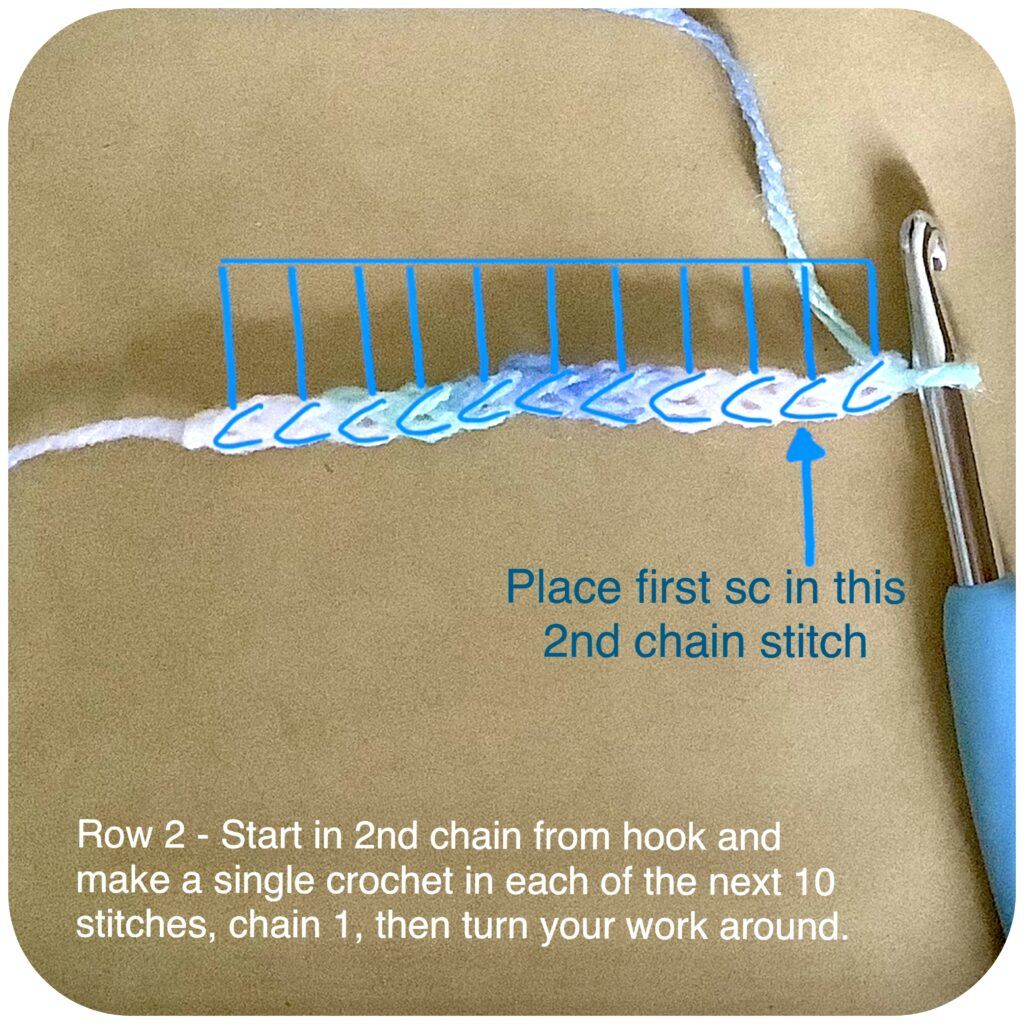 Crochet foundation xhain showing where the second chain from hook is