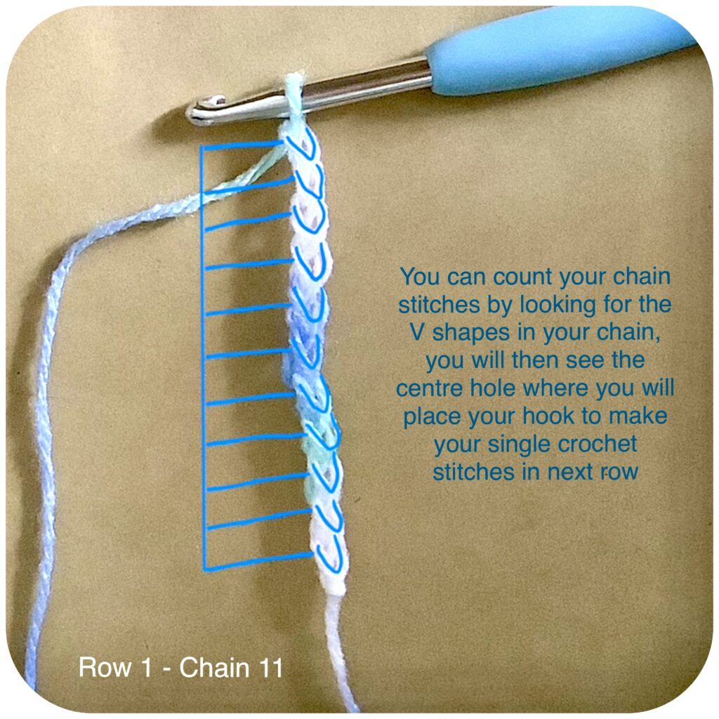 Crochet foundation chain with 11 chain stitches showing how to count the V’s